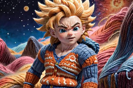 w00len, a hyper realistic picture of a goku wearing a woolen knitted outfit, space backdrop, yarn