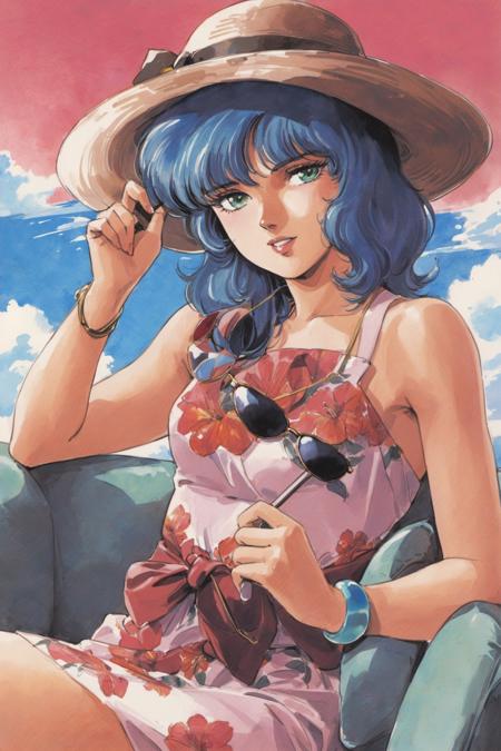 1girl, solo, hat, blue hair, retro artstyle, sunglasses, traditional media, sitting, dress, eyewear removed, cloud, 1980s (style), holding eyewear, chair, day, sun hat, floral print, sky, green eyes, bracelet, holding, looking at viewer, blue eyes, watercolor \(medium\),<lora:Hiroyuki Kitazume _XL:0.8>