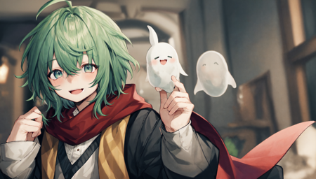 best quality, masterpiece, extremely detailed, detailed background, 1boy, male focus, scarf, green hair, solo, long sleeves, looking at viewer, smile, open mouth, striped scarf, shirt, holding, ahoge, ghost, hand up, indoors