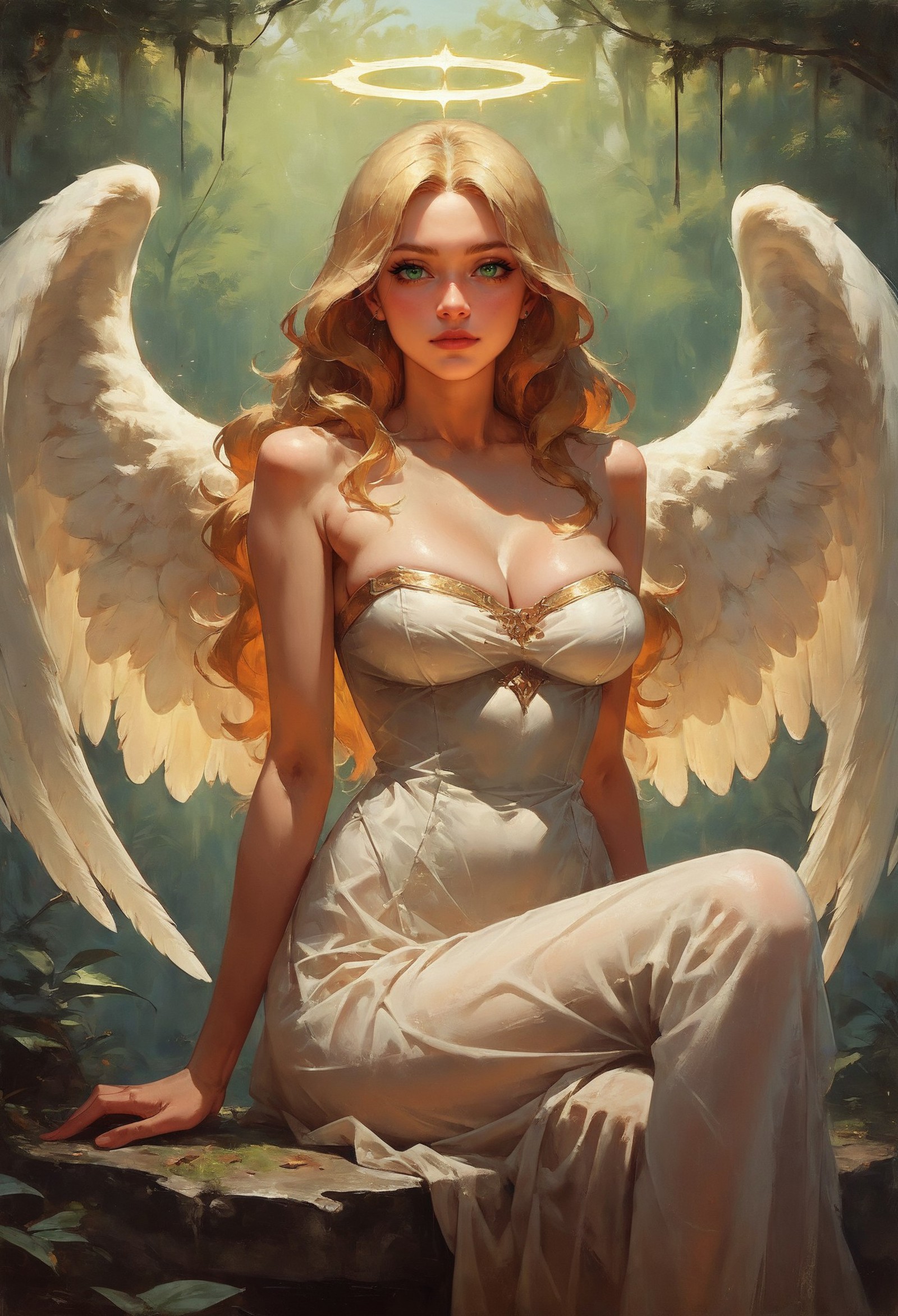 score_9, score_8_up, score_7_up,  1girl angel with 2 large angel wings and a halo, perfect curves, wearing a white dress, ...