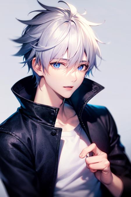 1boy, bangs, blue_eyes, cloud, gojou_satoru, hair_between_eyes, high_collar, jacket, long_sleeves, looking_at_viewer, male_focus, short_hair, solo, upper_body, white_hair