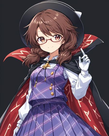 usami sumireko,1girl, solo, glasses, white_gloves, hat, long_sleeves, smile, purple_skirt, purple_vest, looking_at_viewer, plaid_vest, white_shirt, black_headwear, red-framed_eyewear, plaid_skirt, low_twintails, white_background, cowboy_shot, under-rim_eyewear, simple_background, twitter_username, closed_mouth, pleated_skirt, puffy_sleeves, black_cape, runes, medium_breasts, school_uniform
<lora:usami_sumireko_image1686_2023-12-20-000014:1>,star-shaped_pupils,symbol-shaped_pupils,. gorgeous,key visual, vibrant, studio anime,award-winning, professional, highly detailed,high budget, cinemascope