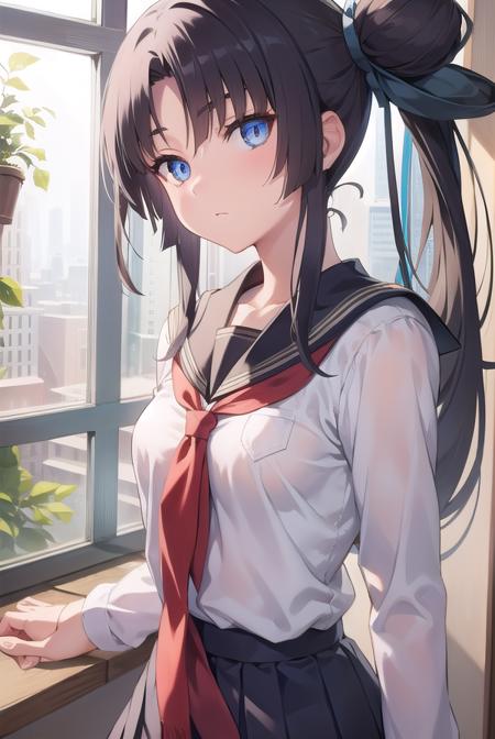 ushiwakamaru, <lyco:ushiwakamaru-lyco-nochekaiser:1>, 
ushiwakamaru, black hair, blue eyes, long hair, side ponytail, sidelocks, parted bangs, (small breast:1.2), hair bun, single bun, side bun,
BREAK school uniform, serafuku, skirt, pleated skirt,
BREAK looking at viewer,
BREAK indoors, classroom,
BREAK <lyco:GoodHands-beta2:1>, (masterpiece:1.2), best quality, high resolution, unity 8k wallpaper, (illustration:0.8), (beautiful detailed eyes:1.6), extremely detailed face, perfect lighting, extremely detailed CG, (perfect hands, perfect anatomy),