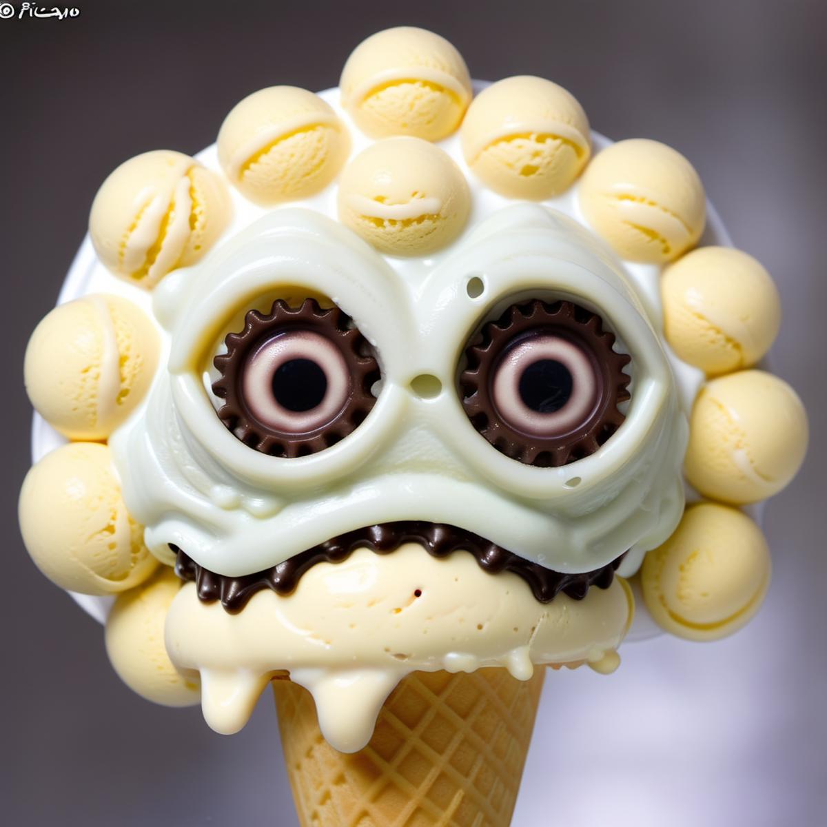 An ice cream cone with a face made of frosting and chocolate bits.
