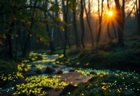 Cinematic long exposure, enchanting woodland at sunset, bio-luminescent brook flows through the trees, glowing flora, soft focus on the foreground, darkening backdrop, warm golden light, gentle mist, soft blur, warm tones, hyper detailed, intricate details, volumetric lighting, 8K, dslr, high quality