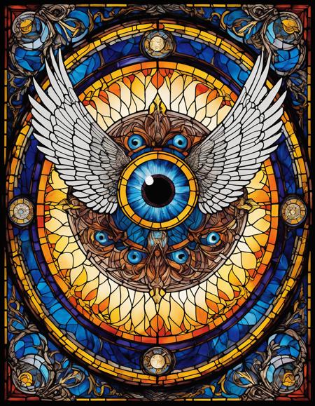 Stained glass style ,  as (((stained glass))), singular (eye:1.1) in the middle of swirling runic rings with wings in the sky, (maelstrom:0.3) (swirling:1.1) white (wings:1.3) with (eyes:1.2), horror,, (epic composition:1.4), (talent:1.2), ultra detailed, highly detailed, insanely detailed, , exquisite, sharp, elegant, ambient lighting,, high quality, <lora:add-detail-xl:2> , colorful . Vibrant, beautiful, translucent, intricate, detailed, . Vibrant, beautiful, translucent, intricate, detailed