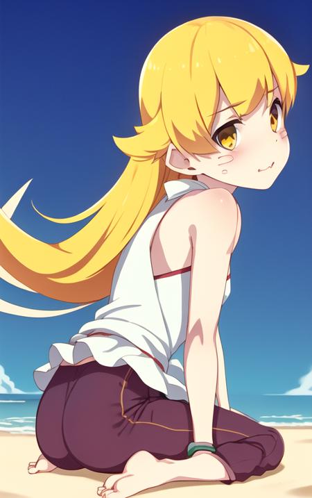 <lora:OshinoShinobuV1:1>,oshino shinobu, adult, masterpiece, best quality, sitting, pants, from the side, adult face, t shirt,  beach