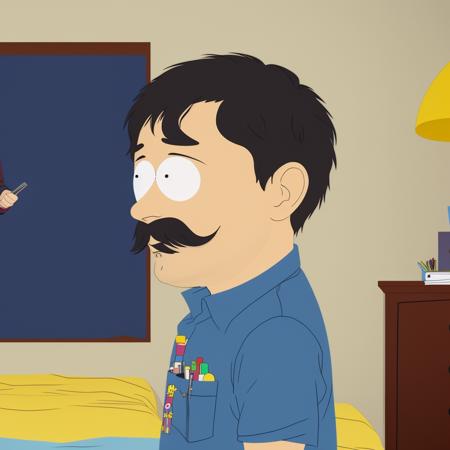 man, happy, mustache, ((side view)), blue shirt, black hair, standing up, black pants, in his room, cartoon, south park style<lora:South Park Style v2:0.5>