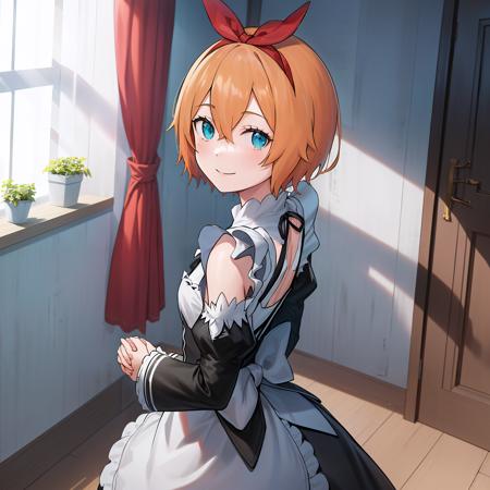 masterpiece,best quality,anime,(2d:1.2),indoors, 
 <lora:PetraNai:1>
1girl, roswaal mansion maid uniform, solo, maid, cyan blue eyes, short hair,bow hairband, hair between eyes, detached sleeves, looking at viewer, red hairband,ribbon, bangs, looking back, bow, orange hair,red ribbon, black sleeves, window, long sleeves, apron, white bow, frills,ribbon trim,light smile, own hands together,