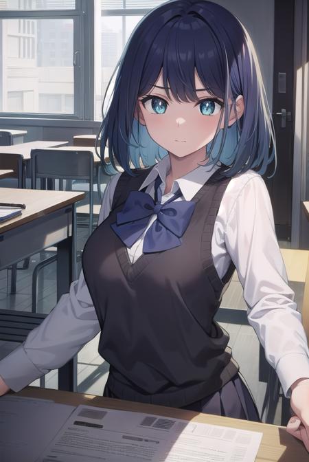 akanekurokawa, <lora:akanekurokawa-lora-nochekaiser:1>,
akane kurokawa, aqua eyes, blue hair, medium hair, sidelocks,
BREAK black sweater vest, blue bow, blue bowtie, bow, bowtie, collared shirt, long sleeves, puffy sleeves, school uniform, shirt, sweater vest, white shirt,
BREAK looking at viewer,
BREAK indoors, classroom,
BREAK <lyco:GoodHands-beta2:1>, (masterpiece:1.2), best quality, high resolution, unity 8k wallpaper, (illustration:0.8), (beautiful detailed eyes:1.6), extremely detailed face, perfect lighting, extremely detailed CG, (perfect hands, perfect anatomy),