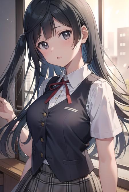 setsunayuuki, <lyco:setsunayuuki-lyco-nochekaiser:1>, 
setsuna yuuki, (black eyes:1.5), black hair, long hair, one side up, (medium breast:1.2), 
BREAK armband, blue vest, buttons, collared shirt, dress shirt, grey skirt, neck ribbon, nijigasaki academy school uniform, plaid, plaid skirt, pleated skirt, red ribbon, ribbon, school uniform, shirt, short sleeves, skirt, summer uniform, vest, white shirt,
BREAK looking at viewer, 
BREAK indoors, classroom, 
BREAK <lyco:GoodHands-beta2:1>, (masterpiece:1.2), best quality, high resolution, unity 8k wallpaper, (illustration:0.8), (beautiful detailed eyes:1.6), extremely detailed face, perfect lighting, extremely detailed CG, (perfect hands, perfect anatomy),