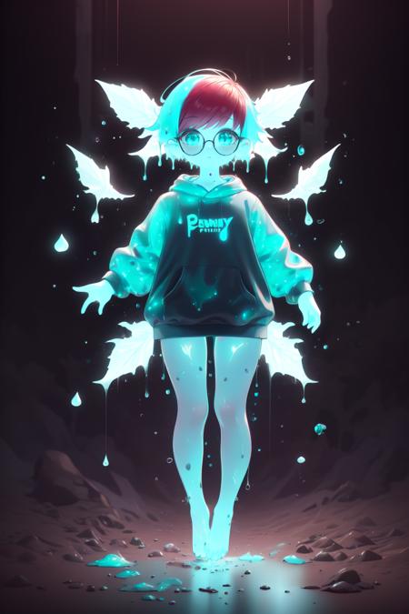 1girl, <lora:MintSlimeSkin3:1>,  mintslimeskin , luminescent translucent body ,
1girl,
<lora:penny-10:0.65> Penny, Black Hoodie, Grey Pantyhose, multicolored hair, glasses, gray eyes, very short hair, red hair, aqua hair,