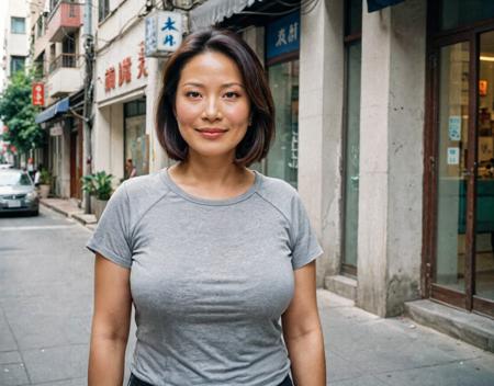 ((analog)) raw candid portrait of a attractive middle-aged chinese woman, age 52, characterized by fair skin and long dark brown hair styled in a sleek bob. She has a ((voluptuous)) figure with gigantic saggy breasts, displaying a smirking expression, dressed in gray t-shirt with leggings, standing casually, upper-body shot, street-level angle, on the sidewalk of a city in China, shot on a Nikon F6 camera with film grain, under natural lighting. 