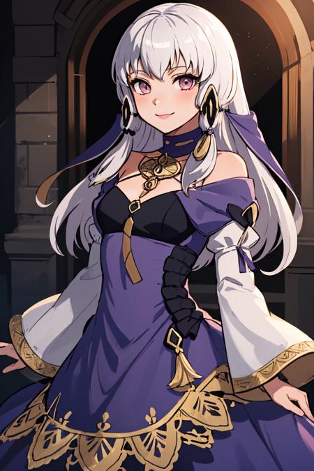 (masterpiece, best quality:1.2), solo, 1girl, lysitheatimeskip, smile, looking at viewer, hair ornament, purple dress, long sleeves <lora:fireemblem_ordelia_v3-09:1>