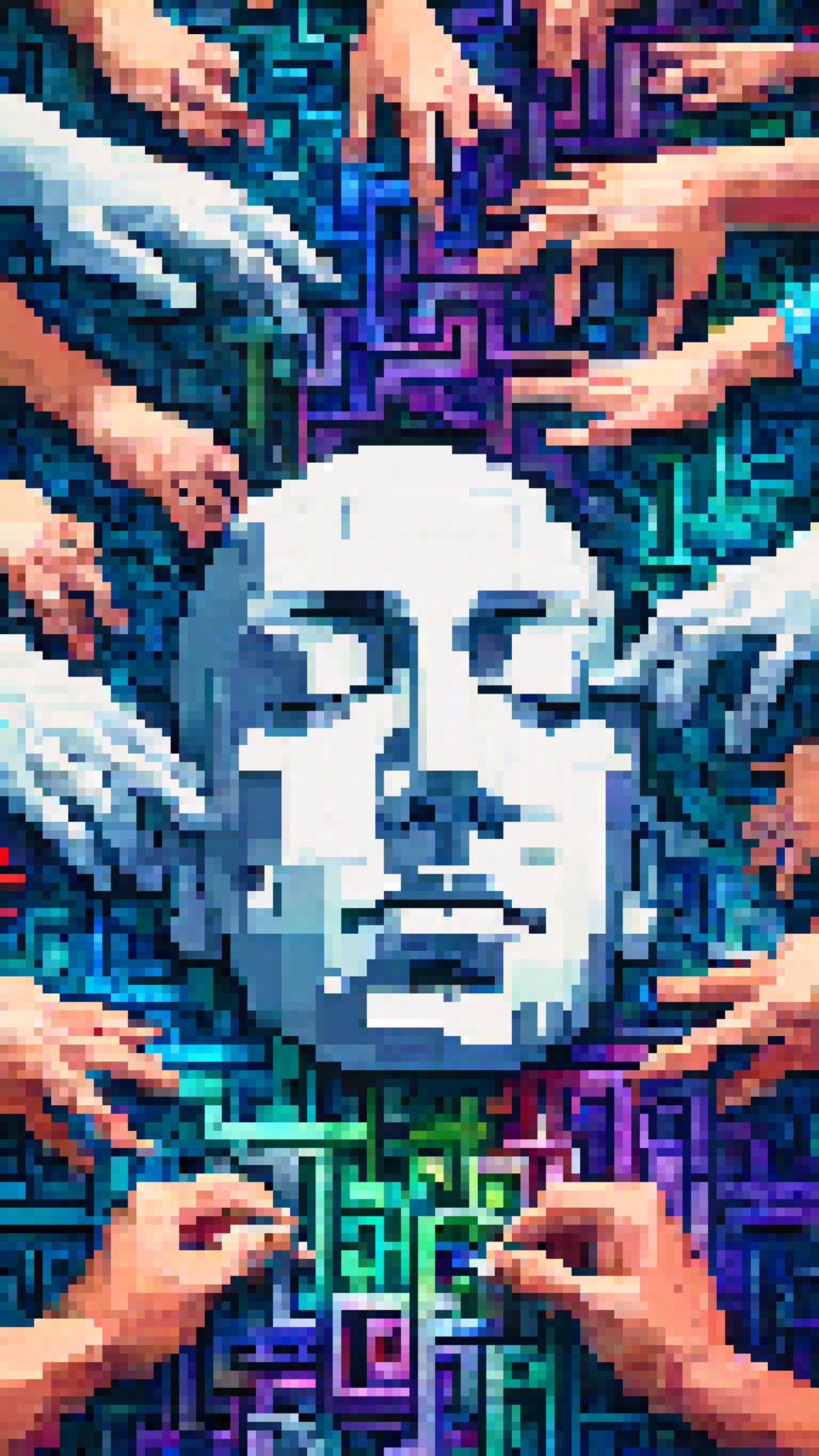 pixel art, 16 bit, (masterpiece, best quality, high resolution), white hands emerging from a singularity, sleeping face, m...