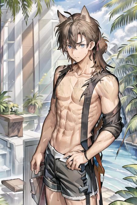 <lora:baitie:0.58>,1boy,(cat ears),((big aqua_eyes)),blue_eyes, brown_hair, (streaked_hair),  (bare shoulders), collarbone, (wet),(abs),(nude),bishounen,cowboy_shot, dappled_sunlight,  (bare body), (((shorts))),male_focus, ((solo)), god rays, sea, coconut_trees,blue sky,birds