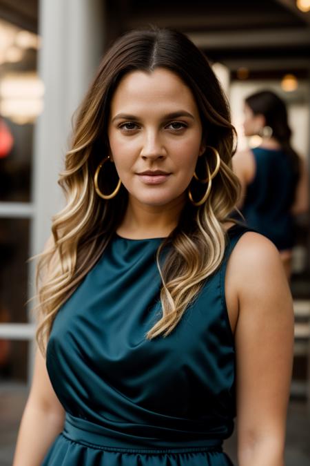 <lora:dr3wb4rry:1>, Realistic full body photo of a beautiful dr3wb4rry woman, 1girl, solo, long hair, looking at viewer, blonde hair, brown hair, dress, jewelry, earrings, sleeveless, lips, hand on hip, wavy hair, red dress, ring, watch, hoop earrings, realistic, wristwatch, soft lighting, professional Photography, Photorealistic, detailed, RAW, analog, sharp focus, 8k, HD, DSLR, high quality, Fujifilm XT3, film grain, award winning, masterpiece
