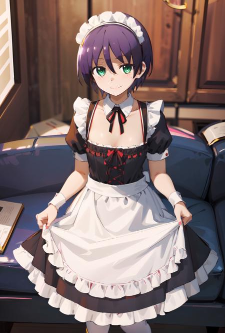 1boy, nasa, solo, looking at viewer, <lora:nasa:0.9>, happy, closed mouth,, ((maid)), dress, maid apron, maid headdress, waist apron, white apron, black thighhighs, black garter straps, zettai ryouiki, skirt, frills, frilled apron, frilled dress, cleavage, neck ribbon, (alternate costume)