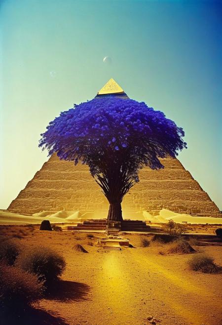 ()Hyoer Realistic:2.0)Polaroid picture 
an image of Ancient Egyptian pyramids, bathed in golden light, as a shimmering portal materializes beneath. The portal's iridescent glow illuminates the desert sands, beckoning travelers to enter. Capture the contrast between the ancient structures and the (futuristic, utopian universe within, teeming with lush vegetation, gleaming spires, and hovering spacecraft. Incorporate a sense of wonder and discovery, as the secrets of the pyramids unlock a gateway to a brighter, intergalactic future: 2.1)
BREAK 
🌳 Stunning Blue Jacaranda Tree 🌳
This magnificent Jacaranda tree is a true showstopper, with its canopy completely covered in a vibrant, almost unreal shade of blue flowers. The dense, puffy clusters of blossoms create a breathtaking, architectural display that commands attention and adds a touch of enchantment to the well-designed garden landscape.