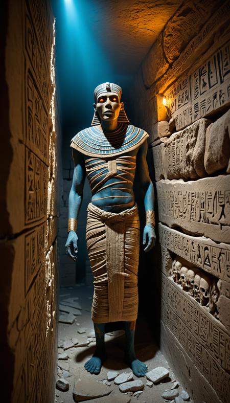 breathtaking detailed, masterpiece, absurdres, awe-inspiring, best quality, vibrant colors, wlae86, egyptian mummy, 1boy, undead, ancient egyptian tomb, fully wrapped bandages, exposed skeletal face, glowing orange eyes, cracked stone sarcophagus, broken hieroglyph walls, scattered ancient artifacts, moonlight shining through ceiling cracks, BREAK, misty dust particles in the air, eerie blue ambient lighting, strong shadows, dark atmosphere, cinematic horror, wide angle shot, 35mm lens, low light, high dynamic range, atmospheric volumetric fog, high contrast, hyper detailed textures, dramatic horror composition, ancient horror, ultra detailed, masterpiece<lora:sdxl_Egyptian_WalkLikeOne.safetensors:0.8:0.8>