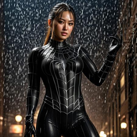 score_9, score_8_up, score_7_up, best quality, realistic, masterpiece, beautiful detail, hyperrealistic, rainy scenery, ((1girl, woman body, big breasts)), amazing detailed full body of a beautiful japanese girl, wearing a realistic and highly detailed black raimi spider-man suit, ((huge muscular girl)), professional model wears ultra - detailed black raimi spider - man suit, ultra - detailed and grained black raimi spiderman suit, suit covered entire body and hand, black spiderman gloves, wet, (dancing), (full body), (dirty skin), close up, octane render, highly detailed, volumetric, dramatic lighting, (highest quality:1.1), (HDR:1.3), (top quality, best quality), realistic, high definition,