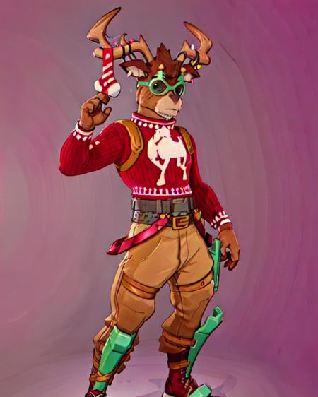 <lora:Fortnite_Dolph:0.6>, Fortnite_Dolph, Novelty Glasses, Christmas Sweater, Belt, Christmas Stocking, Christmas Lights, Candycane, Pistol Holster, Christmas Ball Ornament, Khaki Pants, Shin Guards, Boots, (((heroic pose))), cartoon, 80s anime, anime, vector drawing