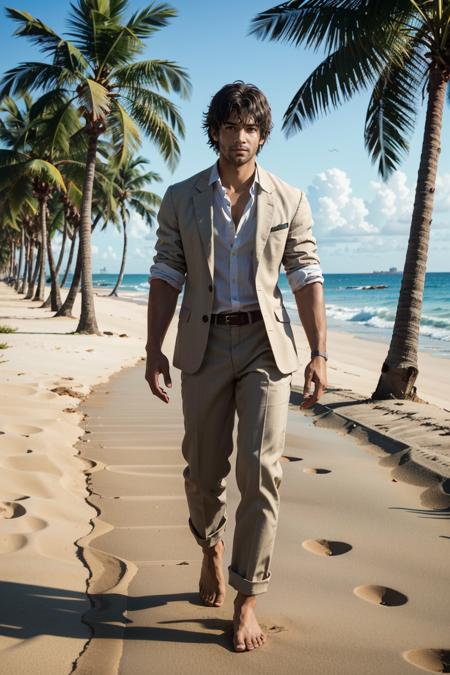 ((ultra detailed, masterpiece, best quality))
 <lora:RE3Carlos:0.8>
RE3Carlos, 1boy, solo, brown eyes, On a sandy beach with a sophisticated twist, linen suit with an unbuttoned shirt, ocean waves and palm trees, walking barefoot in the sand