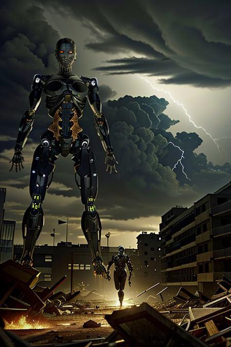 a (BORG giant war robot with transparent panels and iron muscles) BREAK
wearing a (cybernetic endoskeleton) with sharp spikes, combat pose BREAK
rampaging in a (large city rubble), destroyed buildings and explosions  BREAK
in a (storm night with lightnings in the distance) BREAK
CHSNGN, photo realistic, 24mm, dolly zoom, dutch angle, cinematic look, lens flare, sharp focus, intrincate details, volumetric light