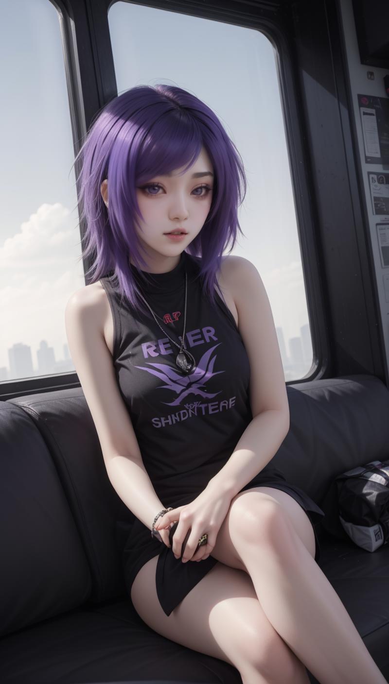 A pretty young woman with purple hair wearing a black shirt.