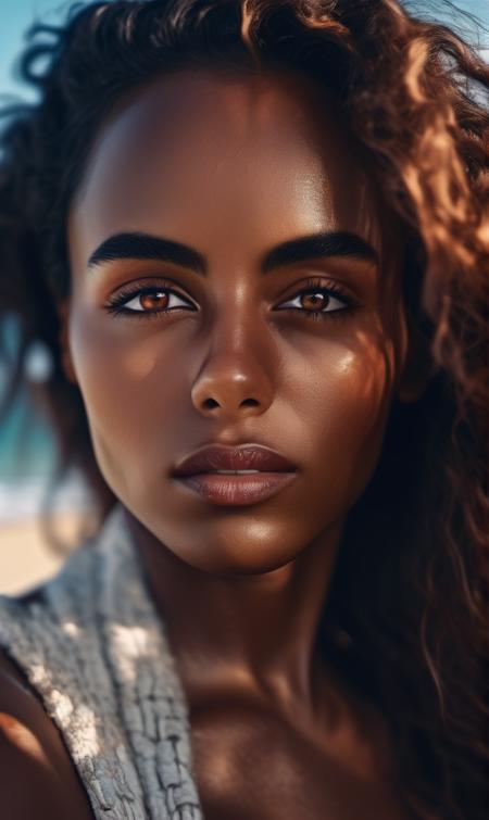 <lora:Gaia_Scodellaro_xl_lora-000021:1>woman  Realistic 8K portrait:  (brown skin), puffy lips, legs,  bikini, beach, water, bright brown eyes, wind-blown long hair; dramatic lighting, cinematic colors; hyper-above, hi detail, sharp focus, perfect lighting, awesome, dslr, 4k high quality. extra detail, extra sharp, magical, perfect moment, natural skin, pores