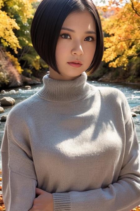 1girl,(wearing turtleneck sweater:1.2),(RAW photo, best quality), (realistic, photo-realistic:1.4), masterpiece, an extremely delicate and beautiful, extremely detailed, 2k wallpaper, Amazing, finely detail, extremely detailed CG unity 8k wallpaper, ultra-detailed, highres, soft light, beautiful detailed girl, extremely detailed eyes and face, beautiful detailed nose, beautiful detailed eyes,cinematic lighting,(autumn scenery:1.3),(by a small rocky river),(morning light),perfect anatomy,<lora:ramu_lora:0.8>,(short hair),big breasts