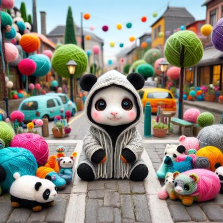 yrnwrld, a realistic little cute robot wearing a panda hoodie made of yarn and slippers on the street
