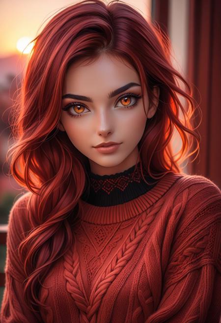 1 young cute iranian girl,very slim,skinny,redhead,rouge,red neck lace choker,cateyes makeup,colorful,oversize knit jumper,softcore,warm lighting,cosy atmosphere,Instagram style,red theme,upper body shot,(cinematic,black and red:0.85),(sunset beautiful background:1.3),sharp,dim colors,
