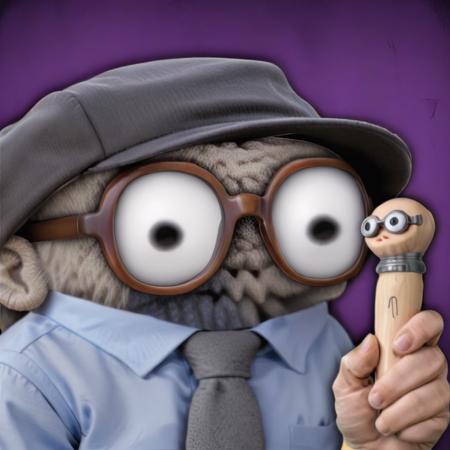 a clueless sock puppet,elephant skin,very thick glasses,old fashioned hairstyle,formal shirt,holding a grey penis vibrator,office background,<lora:LasogetteXLv1_1:0.9>,