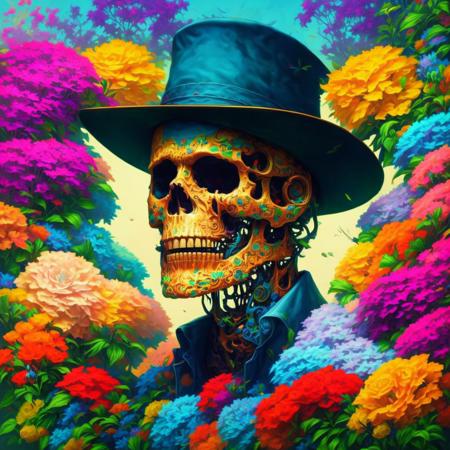 a man with a skeleton mask, colorful, vibrant, floral, flowers, tophat, art by dgtl