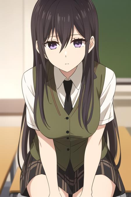 masterpiece, best quality,1girl,solo,aihara mei,black hair,long hair,hair between eyes,hair over breasts,purple eyes,expressionless,school uniform,dress shirt,green vest,short sleeves,black necktie,brown checkered skirt,green socks,<lora:aiharamei:0.8>