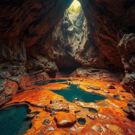 8k, source_photo, source_real, traditional media, real life photo, huge natural cave, lit from above, pools of water and vivid coloured rock formations cover the ground and walls
