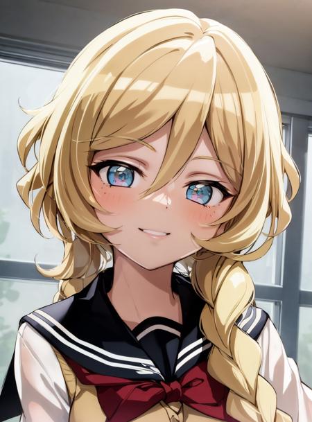 1girl, blonde hair, absurdly long braided ponytail, school uniform, window, upper body,  portrait, light smile,