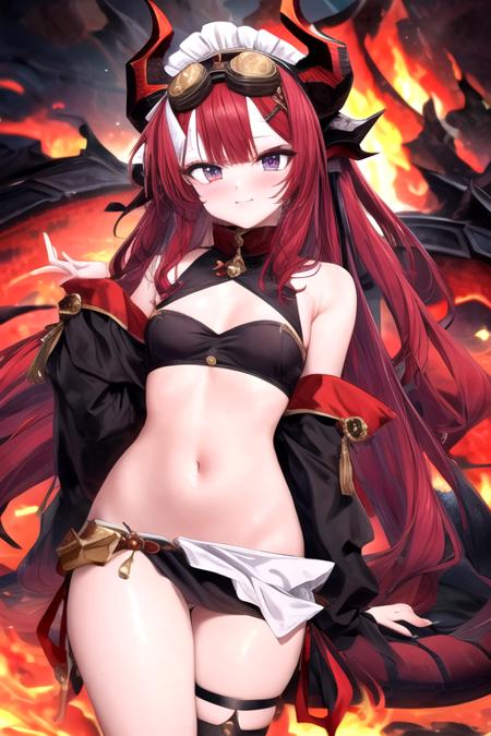 saya,looking at viewer, goggles on head, dragon girl, small breasts, white and crimson bangs, crimson hair, long hair, short, dragon tail, dragon horns, solo, 1girl, (((maid outfit))), <lora:Saya-PC-ROCM-003:1>,  <lora:add_detail:0.7>