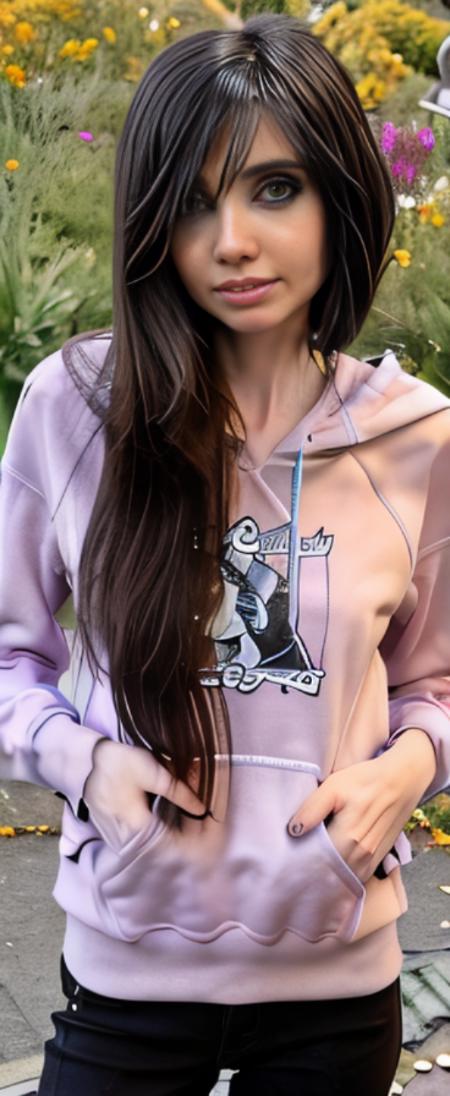 ( skinny :1.3), thin girl, with pastel sweatshirt, with black hair, <lora:EugeniaCooneyV4:1> emo style hair