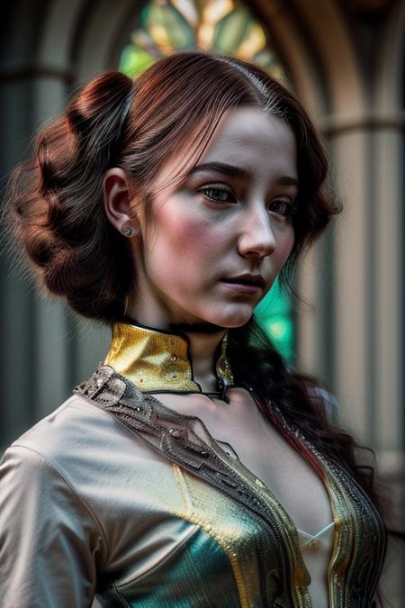 A humanoid AI represented in Art Nouveau style, with intricate, flowing lines and decorative patterns. She has a serene expression, her hair a cascade of metallic threads intertwined with floral motifs. Her body is partly robotic, with gold and pearl accents, seamlessly blending with organic forms. The background is a stained-glass-style design, featuring celestial and floral imagery. Art style: detailed, ornamental, and vintage-inspired."
