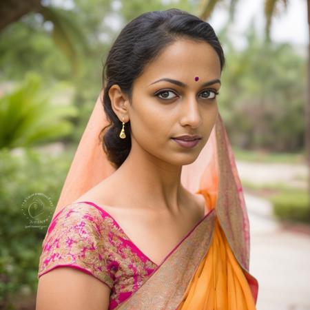 desimocha, headshot photo, close up, woman,  beautiful face, glamor photo, full body, outdoors, saree, natural lighting, studio quality, natural skin color  <lora:DesiCoffeeSDXL-000002:1>