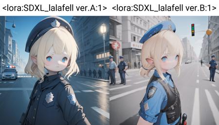 lalafell, (1girl:1.2), solo,  
blonde hair, blue eyes, police, police uniform, police hat, 
street, traffic light, <lora:SDXL_lalafell ver.A:1>, looking at viewer,