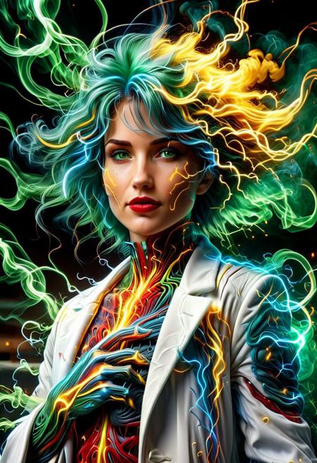 lthndrtrl, (close up:1.8), Stable_Yogis_PDXL_Positives, (smudged white coat:2), Realism_Quality_2xx_By_Stable_Yogi, (anatomically correct:1.7), photo, photo_realistic, 1girl, mature_woman, European made of golden and blue and red and yellow and purple lightning thunder trails, 27 years old, parted_lips, choker, seductive smile, sultry, serious stare, stern look, close-up, eye shadow, makeup, milf, mature female, pureerosface_v1, Expressiveh, intricate_details_xl, natural skin, realistic, hands out of view, red lipstick, makeup, (Influencers Deluxe_Lara_Lang:1.5), streaked hair, black hair, yellow streaks in her hair, long side bangs, black highlights in bangs, thick lips, big hair, tall, natural blue eyes, high neck closure, fitness body, toned muscles, high cheekbones, solo, high turtle neck, outdoors, (hands hidden:1.7), short sleeves, high neck closure, fully dressed,  gentle smile, closed mouth, short puffy sleeves, (laboratory:2), big fluffy hair in all directions as if electrocuted. (green smoke:2.4), (Fluffy hair:2.6), electroscope, generator, indoors, black gloves,
