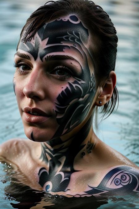 woman, huge ttattooz everywhere on her  skin   <lora:ttattooz_V1_87360:1>  at the pool swimming in water,  huge tattoo ttattooz on complete face