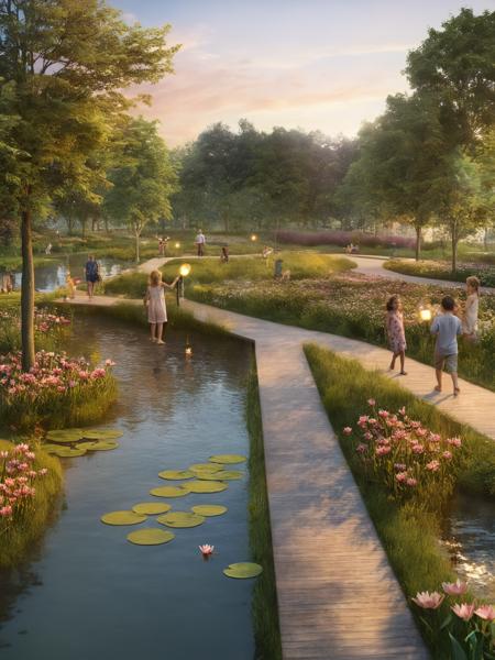 <lora:JJsLandscape_Render_XL:1>,  ((Landscape Render)), masterpiece, best quality, scenery, outdoors, tree,  sakura tree,real world location, grass, bush, walkway ,water, subject, high quality,  lamps , road, grass, ((golden hour)) sunset, sky,   water color, multiple girls, multiple boys, fense, water lily, fishs under water, flowers,fire flys,