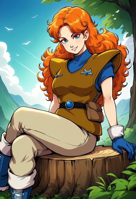 DBExtraGirl02Pa, blue eyes, long hair, orange hair, curly hair, red eyeshadow, large breasts, brown armor, blue undershirt, blue gloves, helmet, goggles on headwear, beige pants, blue boots, black belt, belt pouch,