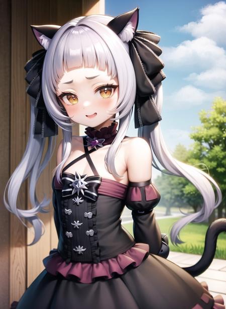 1girl,masterclass,best quality,  cowboy shot,outdoors, city,petite,smile,smug,  murasaki shion,twintails, animal_ear_fluff,gothic_lolita,lolita_fashion,halter dress,  cat ears,cat_girl,cat tail,  long dress,  halterneck, layered dress,frilled dress, center_frills,detached sleeves,  arms behind back,  <lora:Murasaki_Shion-17120:1>