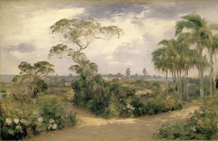 (style of Charles Conder:1.15), scenery,a painting,scene painting, yard ,hedgerow,clump ,plantation ,thicket ,hacienda , Ria Coast ,
