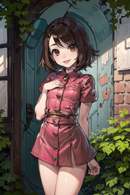 masterpiece, best quality, <lora:GloriaLora-10:0.7>, gloria \(pokemon\), pink dress, smile, english countryside, english cottage, (AS-Younger:1.3), 1girl, solo, brown eyes, standing, short sleeves, buttons,